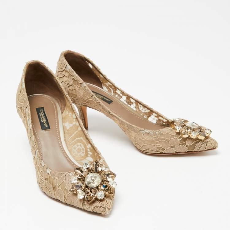 Pre Owned Dolce & Gabbana Beige Lace Bellucci Crystal Embellished Pointed Toe Pumps Size 36