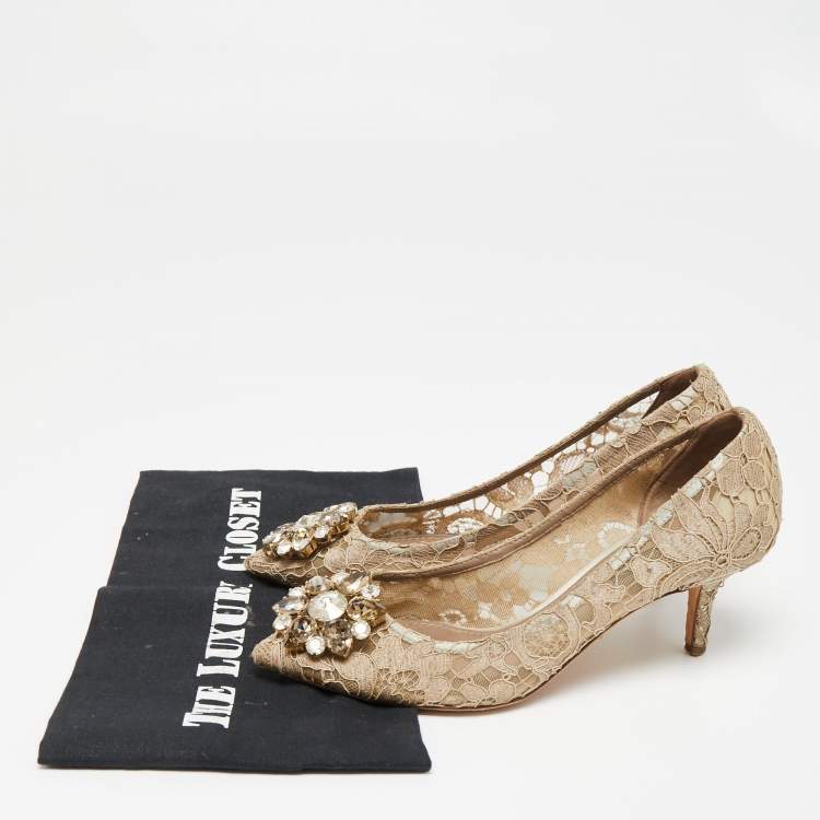 Pre Owned Dolce & Gabbana Beige Lace Bellucci Crystal Embellished Pointed Toe Pumps Size 36