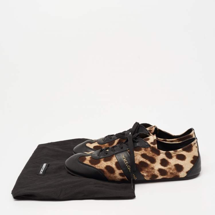 Pre Owned Dolce & Gabbana Black/Brown Leopard Print Canvas And Leather Low Top Sneakers Size 38