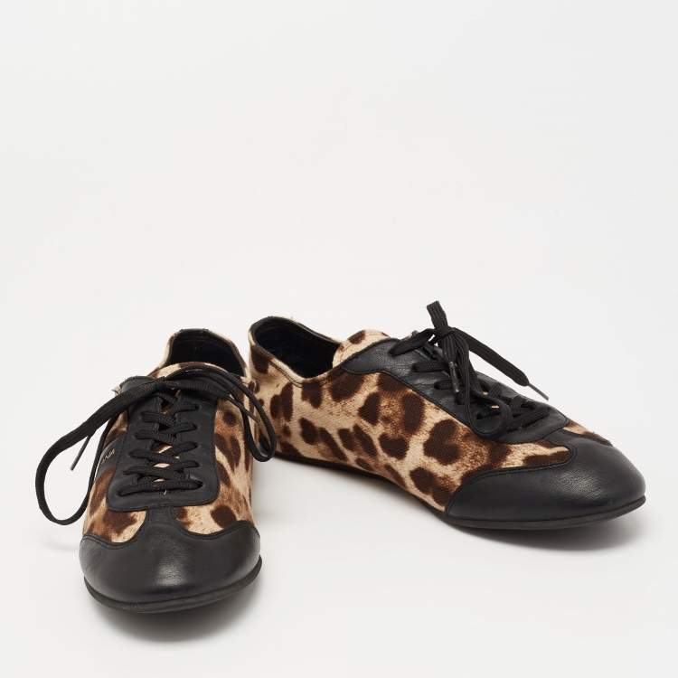 Pre Owned Dolce & Gabbana Black/Brown Leopard Print Canvas And Leather Low Top Sneakers Size 38
