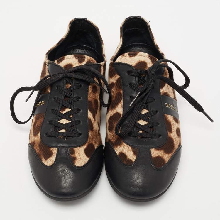 Pre Owned Dolce & Gabbana Black/Brown Leopard Print Canvas And Leather Low Top Sneakers Size 38