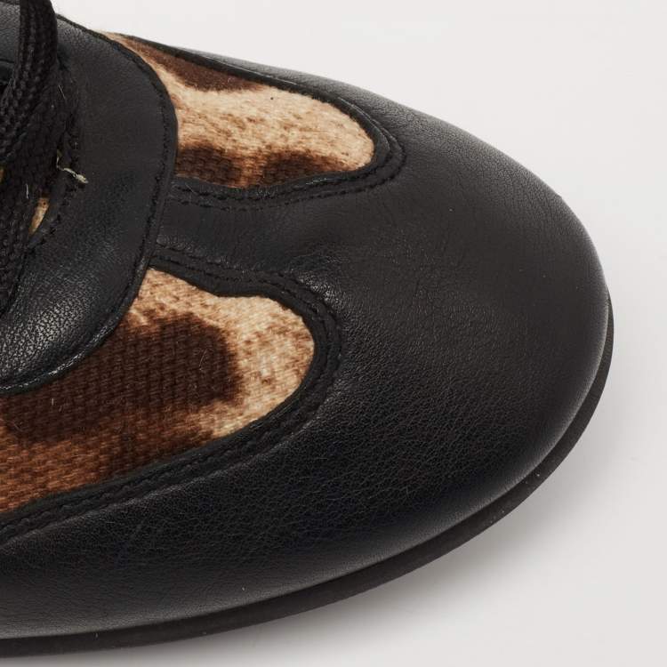 Pre Owned Dolce & Gabbana Black/Brown Leopard Print Canvas And Leather Low Top Sneakers Size 38