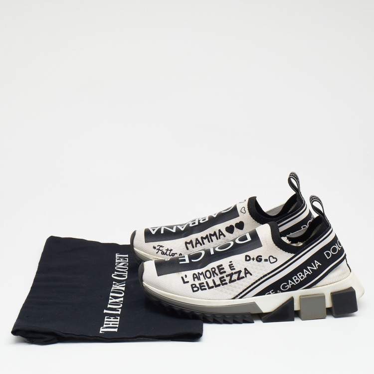 Pre Owned Dolce & Gabbana Black/White Graffiti Stretch Fabric Sorrento Slip On Sneakers Size 36
