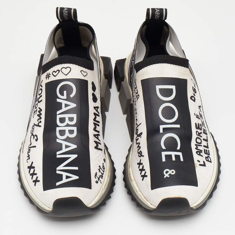 Pre Owned Dolce & Gabbana Black/White Graffiti Stretch Fabric Sorrento Slip On Sneakers Size 36