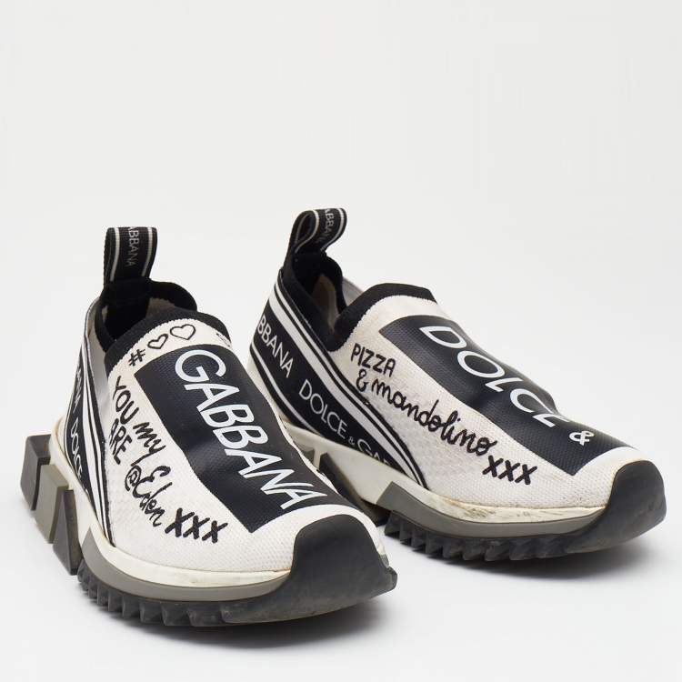 Pre Owned Dolce & Gabbana Black/White Graffiti Stretch Fabric Sorrento Slip On Sneakers Size 36