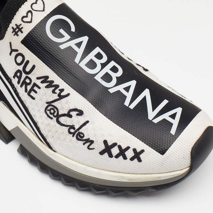 Pre Owned Dolce & Gabbana Black/White Graffiti Stretch Fabric Sorrento Slip On Sneakers Size 36