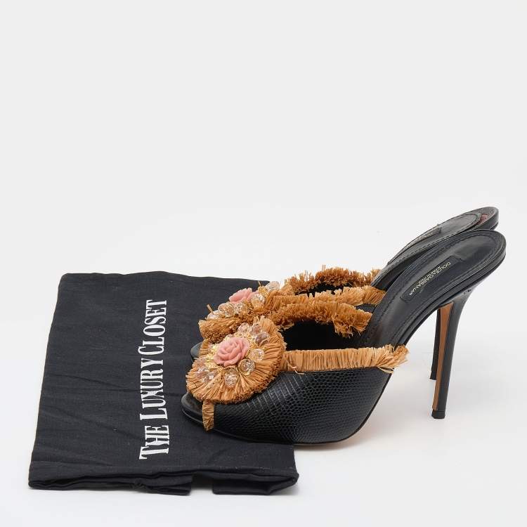 Pre Owned Dolce & Gabbana Black Lizard Embossed Leather and Straw Embellished Sandals Size 40