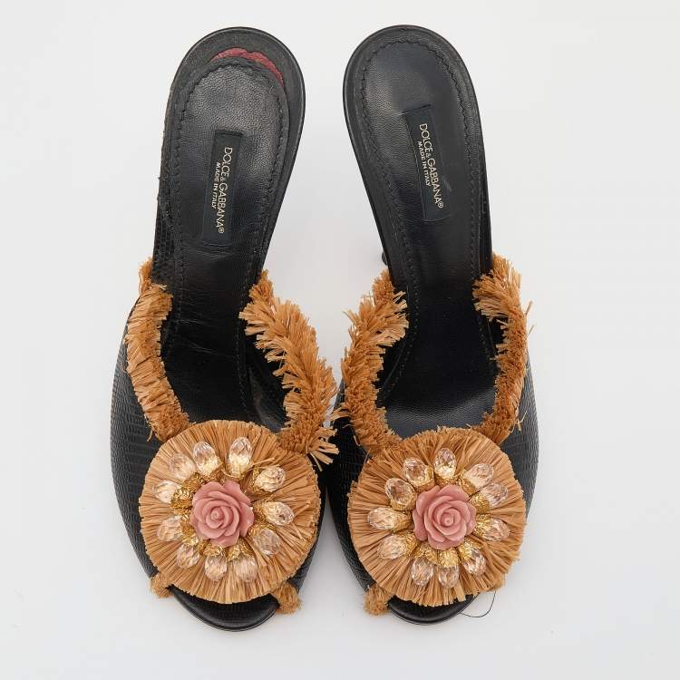 Pre Owned Dolce & Gabbana Black Lizard Embossed Leather and Straw Embellished Sandals Size 40