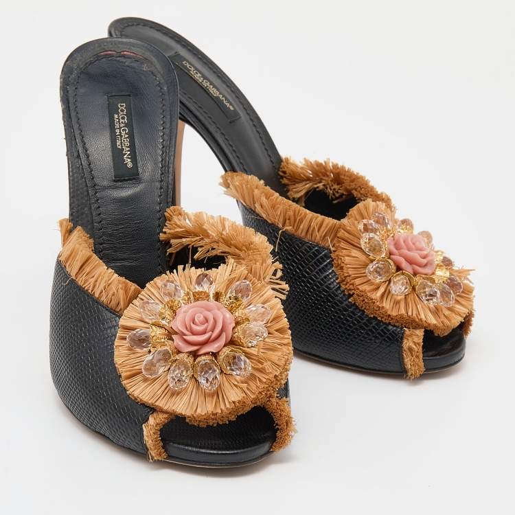 Pre Owned Dolce & Gabbana Black Lizard Embossed Leather and Straw Embellished Sandals Size 40