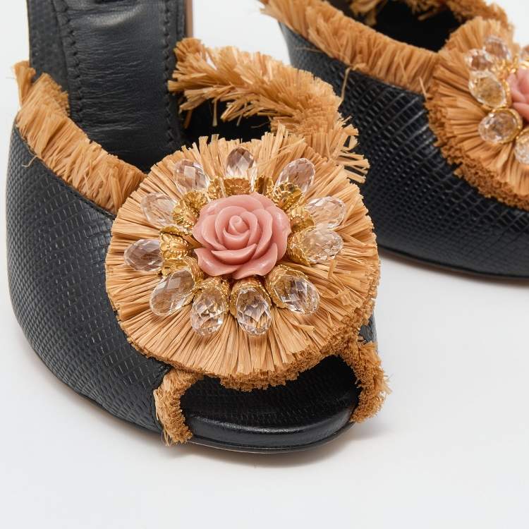 Pre Owned Dolce & Gabbana Black Lizard Embossed Leather and Straw Embellished Sandals Size 40