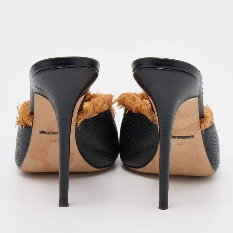 Pre Owned Dolce & Gabbana Black Lizard Embossed Leather and Straw Embellished Sandals Size 40