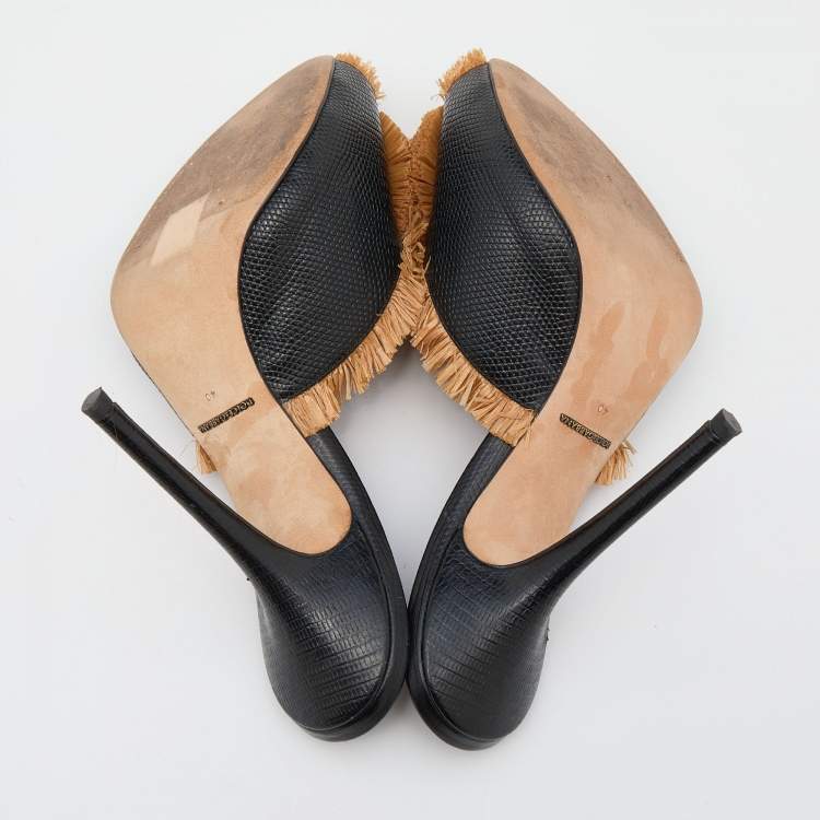 Pre Owned Dolce & Gabbana Black Lizard Embossed Leather and Straw Embellished Sandals Size 40