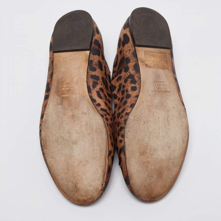 مملوكة مسبقًا Dolce & Gabbana Brown Leopard Print Coated Canvas Bow Detail Ballet Flats Size 39