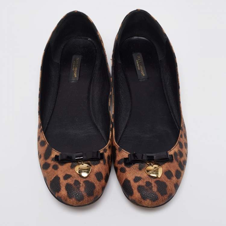 مملوكة مسبقًا Dolce & Gabbana Brown Leopard Print Coated Canvas Bow Detail Ballet Flats Size 39