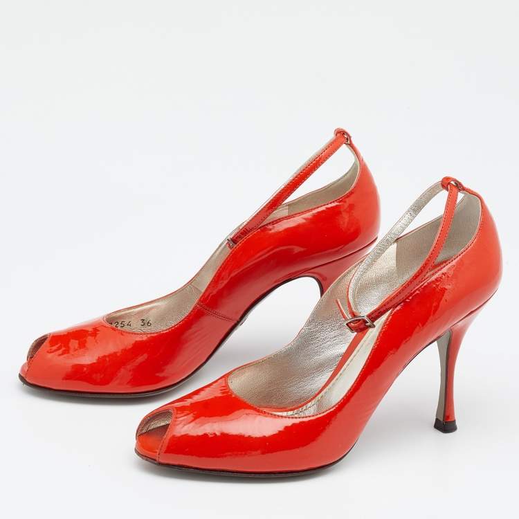 Pre Owned Dolce & Gabbana Orange Patent Leather Ankle Strap Sandals Size 36