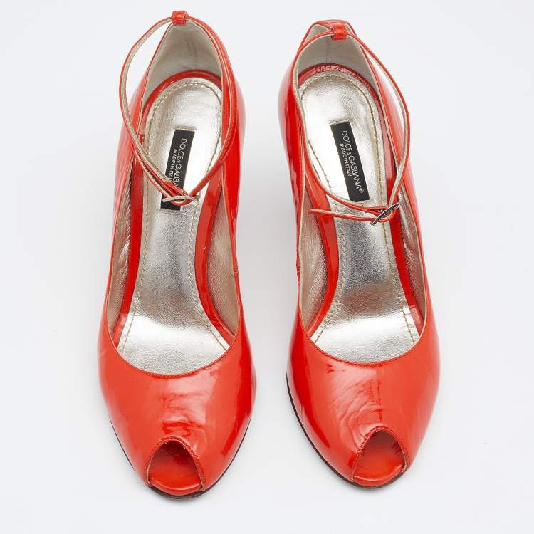 Pre Owned Dolce & Gabbana Orange Patent Leather Ankle Strap Sandals Size 36