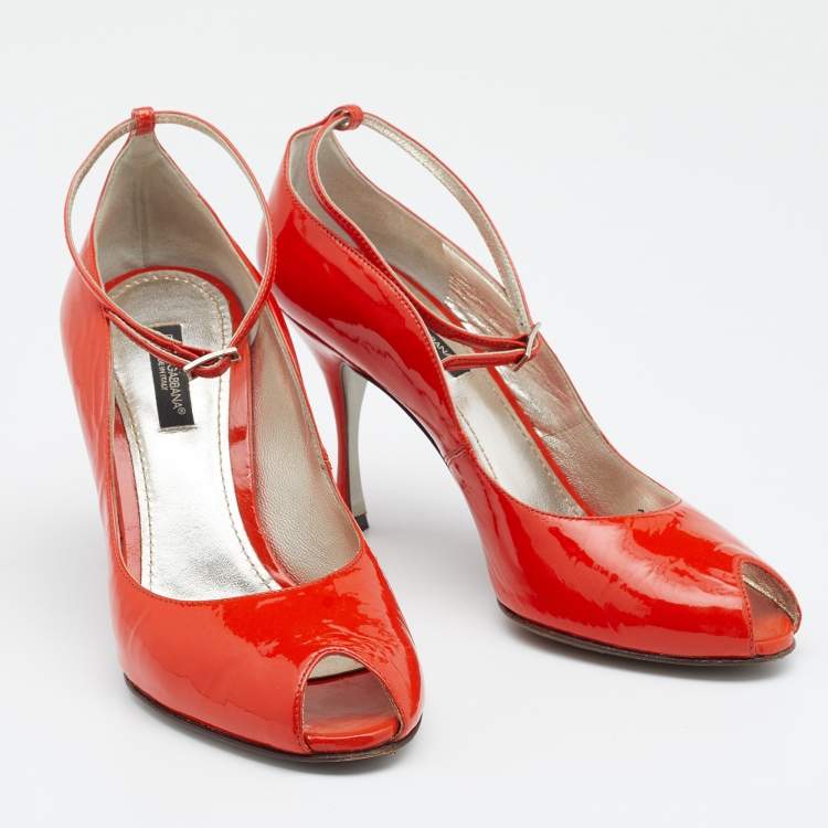 Pre Owned Dolce & Gabbana Orange Patent Leather Ankle Strap Sandals Size 36