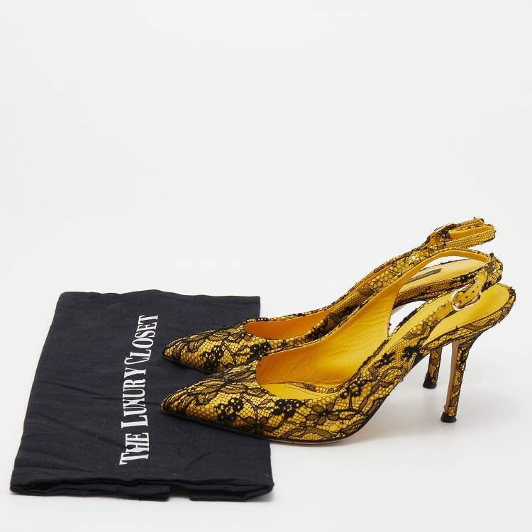 Pre Owned Dolce & Gabbana Yellow/Black Patent Leather And Chantilly Lace Bellucci Slingback Sandals Size 39