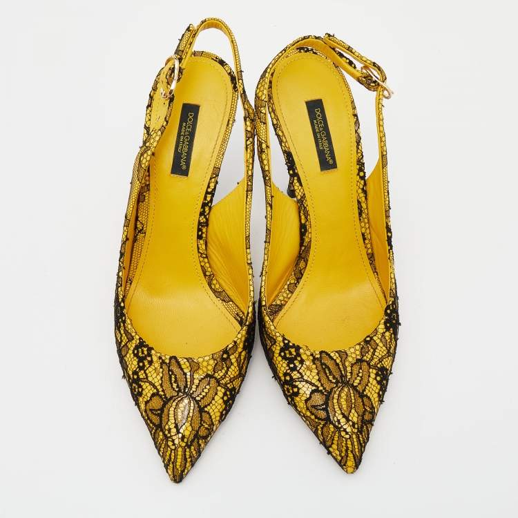 Pre Owned Dolce & Gabbana Yellow/Black Patent Leather And Chantilly Lace Bellucci Slingback Sandals Size 39