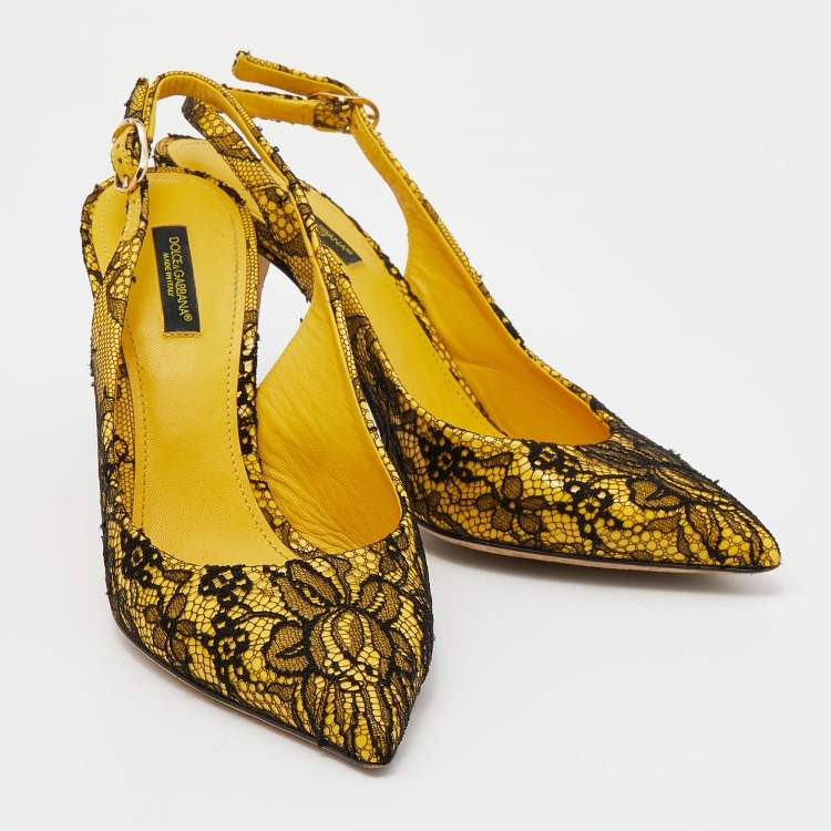 Pre Owned Dolce & Gabbana Yellow/Black Patent Leather And Chantilly Lace Bellucci Slingback Sandals Size 39