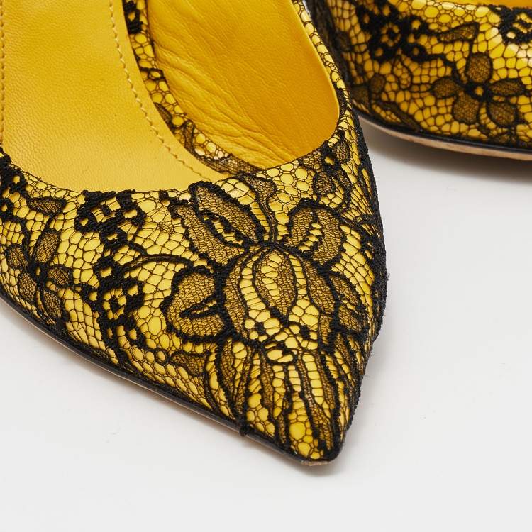Pre Owned Dolce & Gabbana Yellow/Black Patent Leather And Chantilly Lace Bellucci Slingback Sandals Size 39