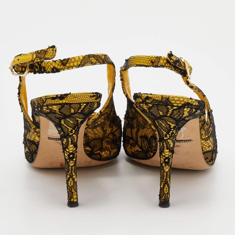 Pre Owned Dolce & Gabbana Yellow/Black Patent Leather And Chantilly Lace Bellucci Slingback Sandals Size 39