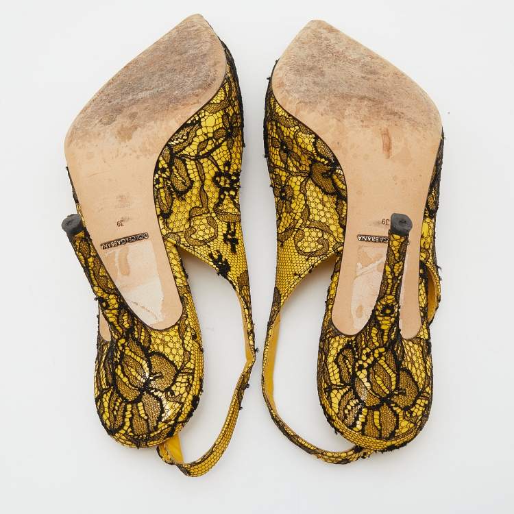 Pre Owned Dolce & Gabbana Yellow/Black Patent Leather And Chantilly Lace Bellucci Slingback Sandals Size 39