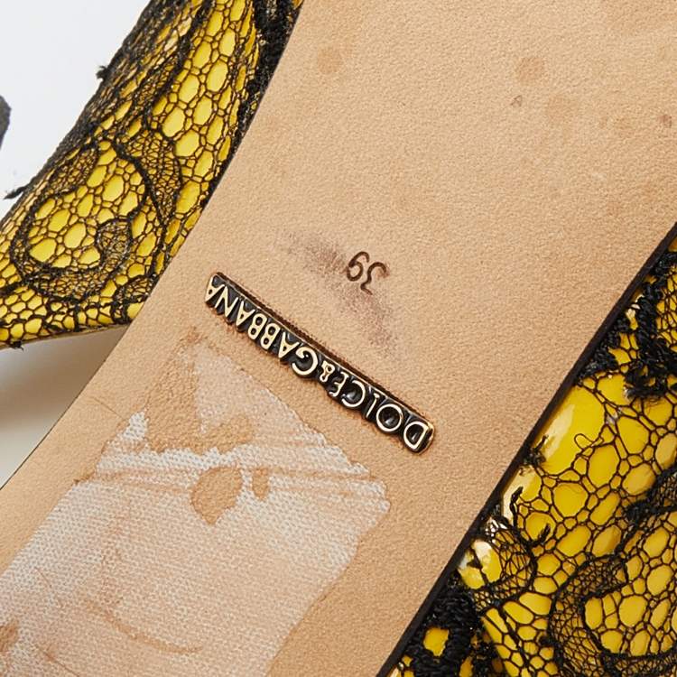 Pre Owned Dolce & Gabbana Yellow/Black Patent Leather And Chantilly Lace Bellucci Slingback Sandals Size 39