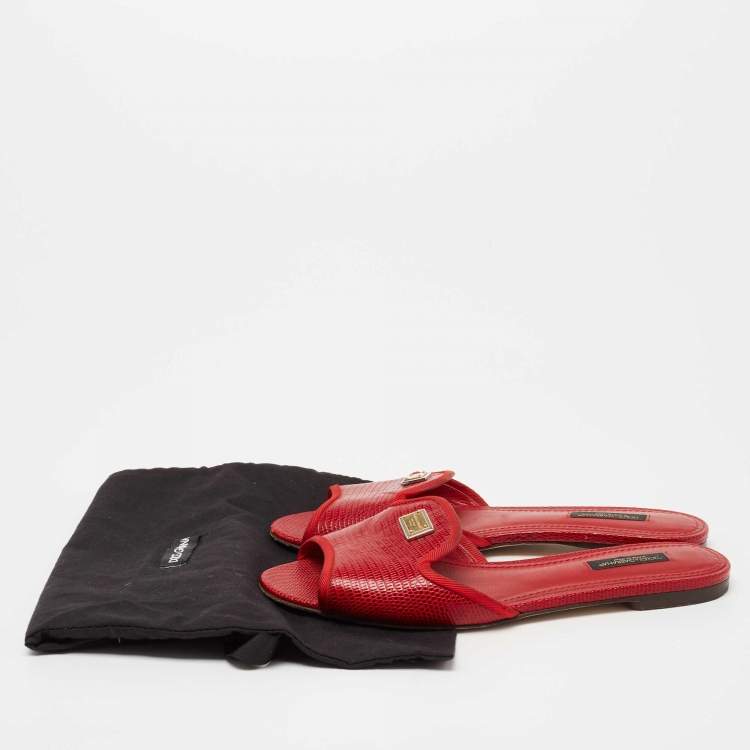 Pre Owned Dolce & Gabbana Red Lizard Embossed Leather Flat Slides Size 37.5