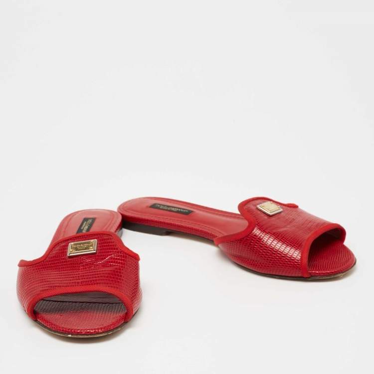 Pre Owned Dolce & Gabbana Red Lizard Embossed Leather Flat Slides Size 37.5