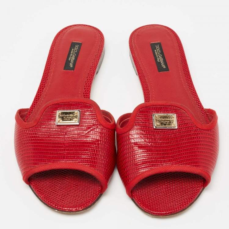 Pre Owned Dolce & Gabbana Red Lizard Embossed Leather Flat Slides Size 37.5