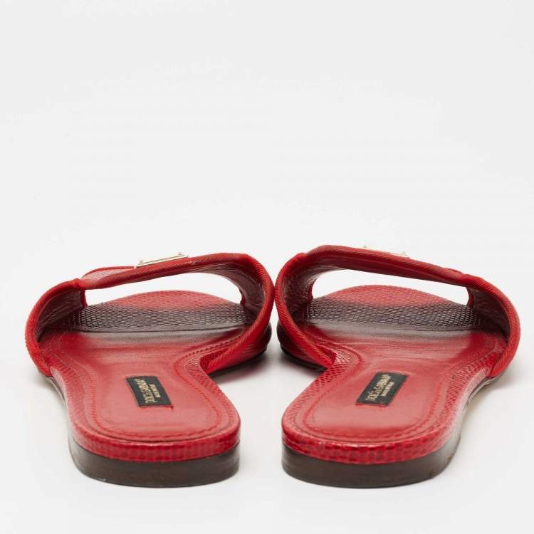 Pre Owned Dolce & Gabbana Red Lizard Embossed Leather Flat Slides Size 37.5