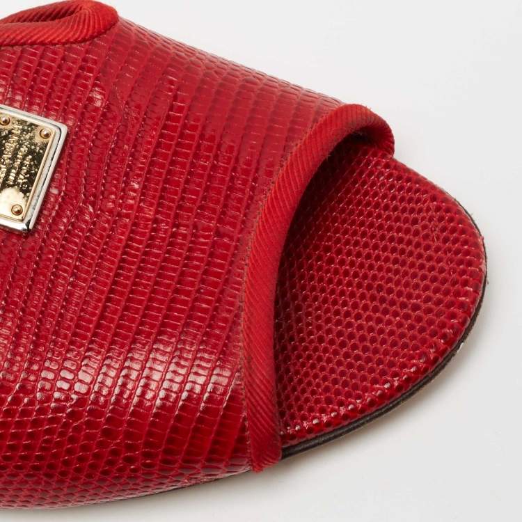 Pre Owned Dolce & Gabbana Red Lizard Embossed Leather Flat Slides Size 37.5
