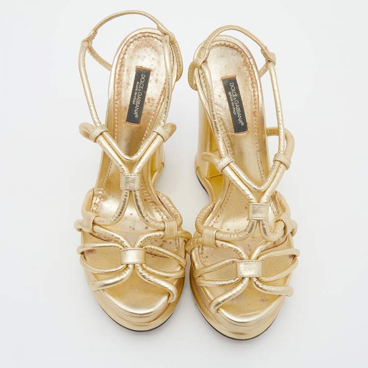 Pre Owned Dolce & Gabbana Metallic Gold Leather Strappy Block Heel  Platform Sandals Size 37.5