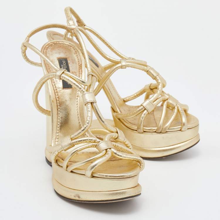 Pre Owned Dolce & Gabbana Metallic Gold Leather Strappy Block Heel  Platform Sandals Size 37.5