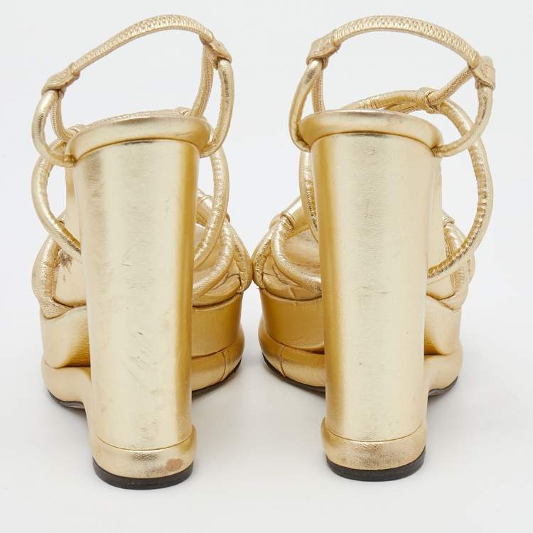Pre Owned Dolce & Gabbana Metallic Gold Leather Strappy Block Heel  Platform Sandals Size 37.5