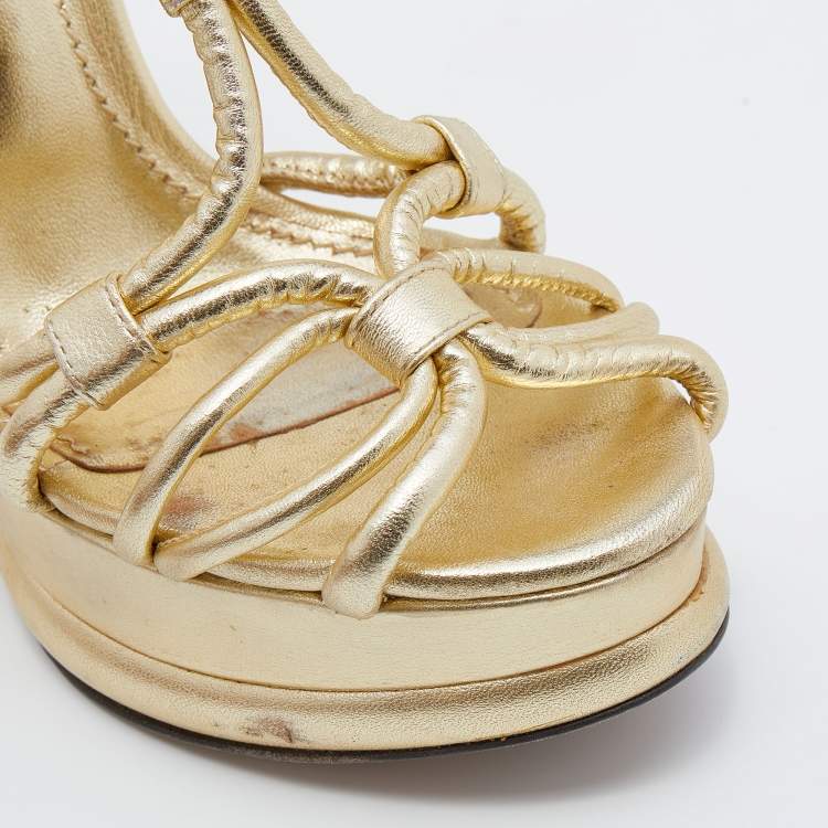 Pre Owned Dolce & Gabbana Metallic Gold Leather Strappy Block Heel  Platform Sandals Size 37.5