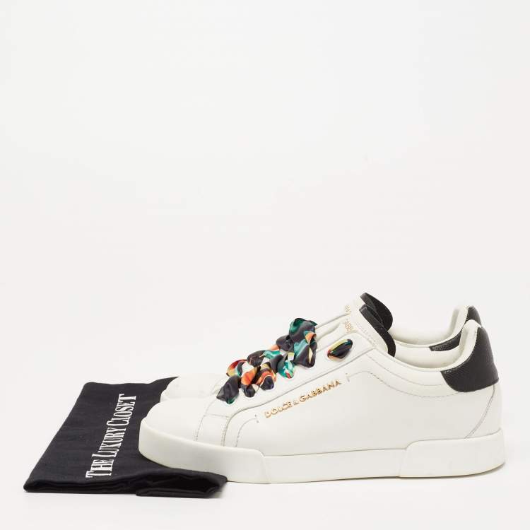 Pre Owned Dolce & Gabbana White Leather Printed Lace Low Top Sneakers Size 39