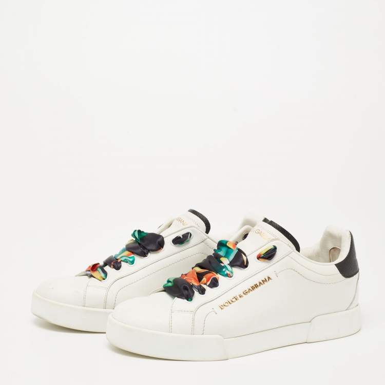 Pre Owned Dolce & Gabbana White Leather Printed Lace Low Top Sneakers Size 39