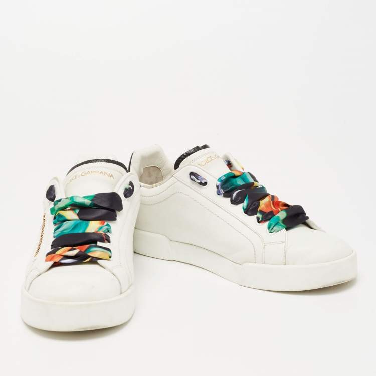 Pre Owned Dolce & Gabbana White Leather Printed Lace Low Top Sneakers Size 39