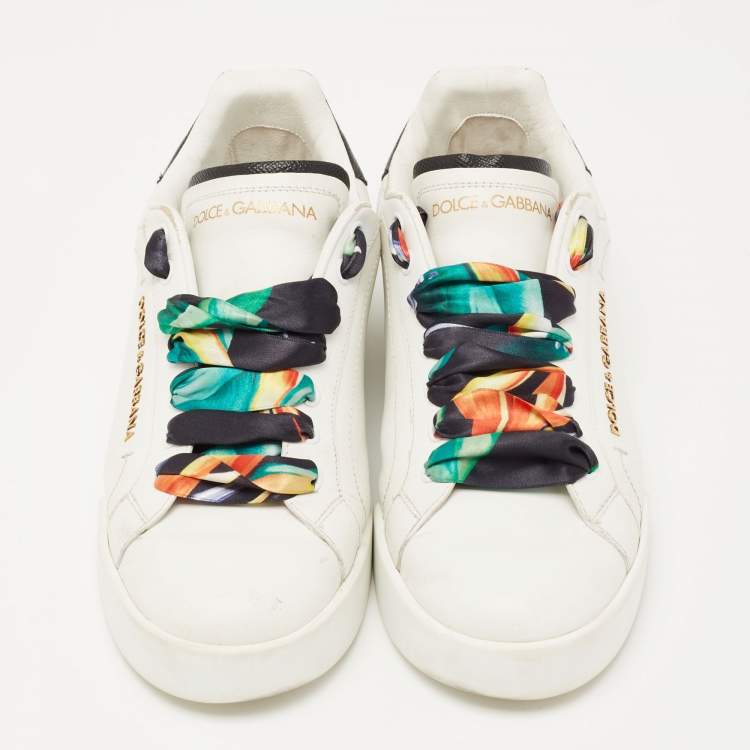 Pre Owned Dolce & Gabbana White Leather Printed Lace Low Top Sneakers Size 39