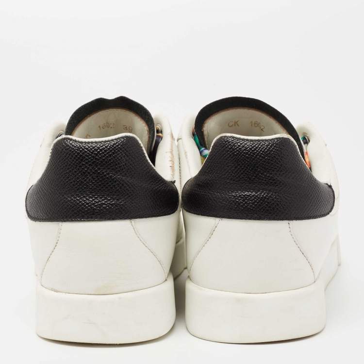 Pre Owned Dolce & Gabbana White Leather Printed Lace Low Top Sneakers Size 39