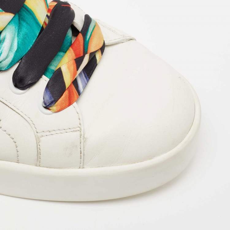 Pre Owned Dolce & Gabbana White Leather Printed Lace Low Top Sneakers Size 39