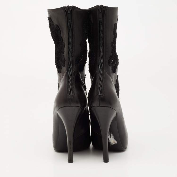 Pre Owned Dolce & Gabbana Black Leather and Lace Mid Calf Boots Size 39