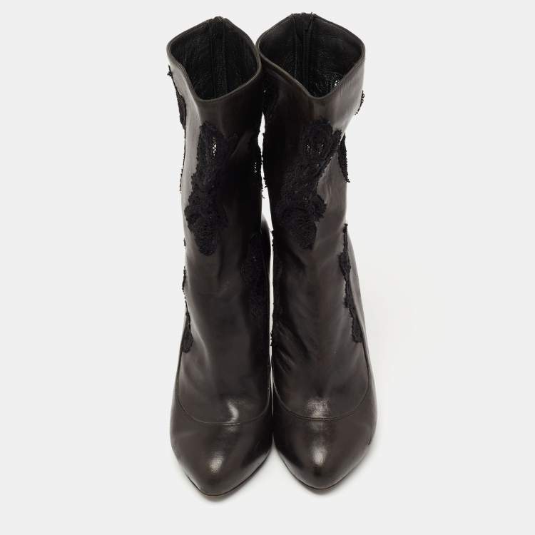 Pre Owned Dolce & Gabbana Black Leather and Lace Mid Calf Boots Size 39