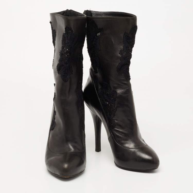 Pre Owned Dolce & Gabbana Black Leather and Lace Mid Calf Boots Size 39