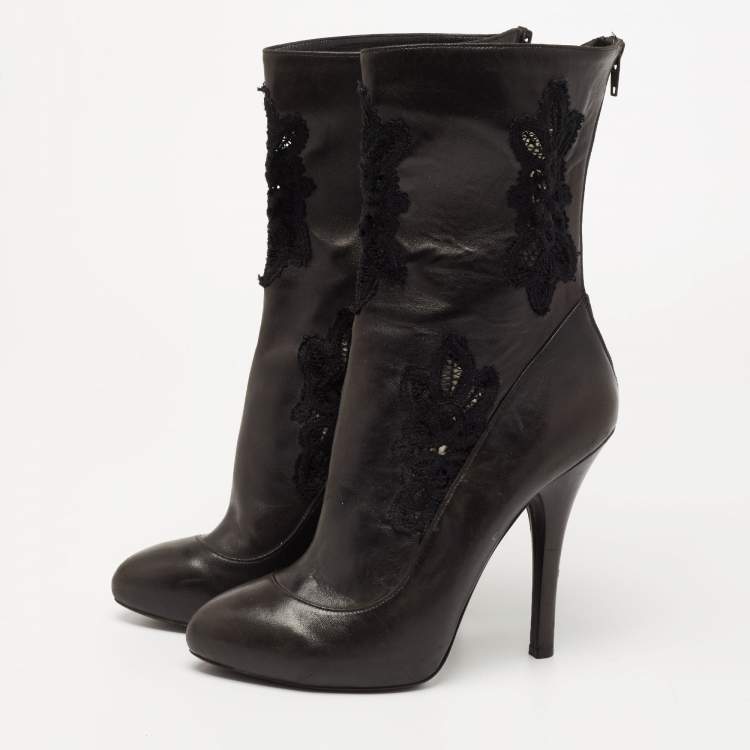 Pre Owned Dolce & Gabbana Black Leather and Lace Mid Calf Boots Size 39