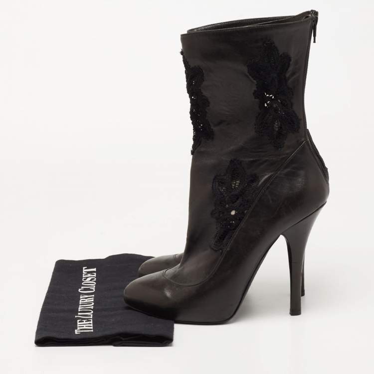 Pre Owned Dolce & Gabbana Black Leather and Lace Mid Calf Boots Size 39