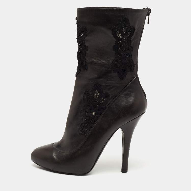 Pre Owned Dolce & Gabbana Black Leather and Lace Mid Calf Boots Size 39