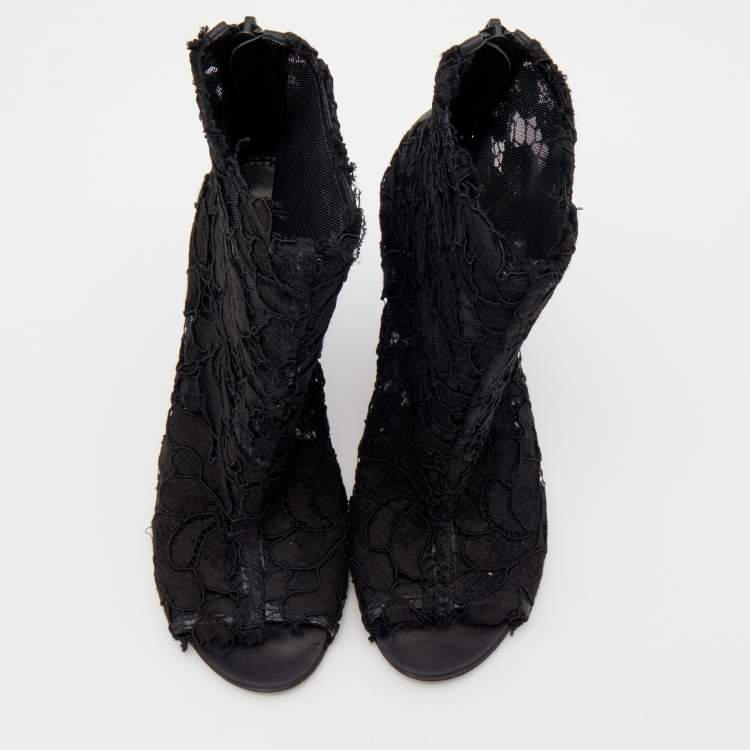 Pre Owned Dolce & Gabbana Black Lace Peep Toe Booties Size 36